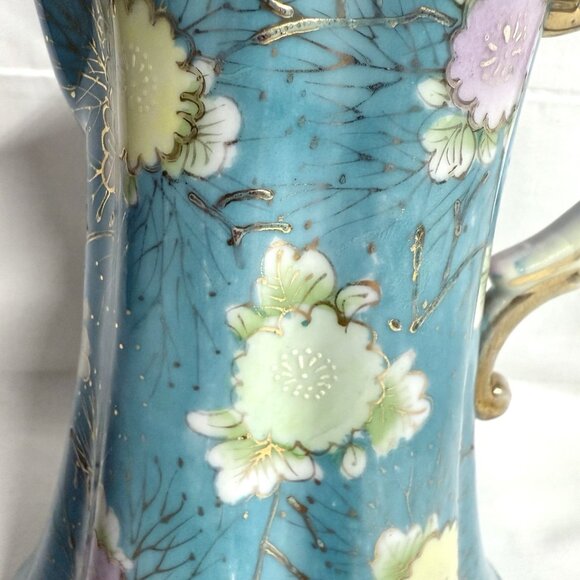 Antique Hand Painted Porcelain Pitcher – Aqua Blue Floral Gold Trim – 8.5” Tall - Picture 3 of 9